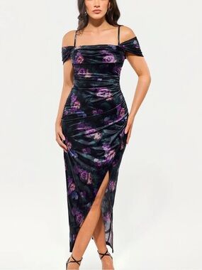 Built in Shapewear Off Shoulder Shine Ruched Sculpting Maxi Dress floral print